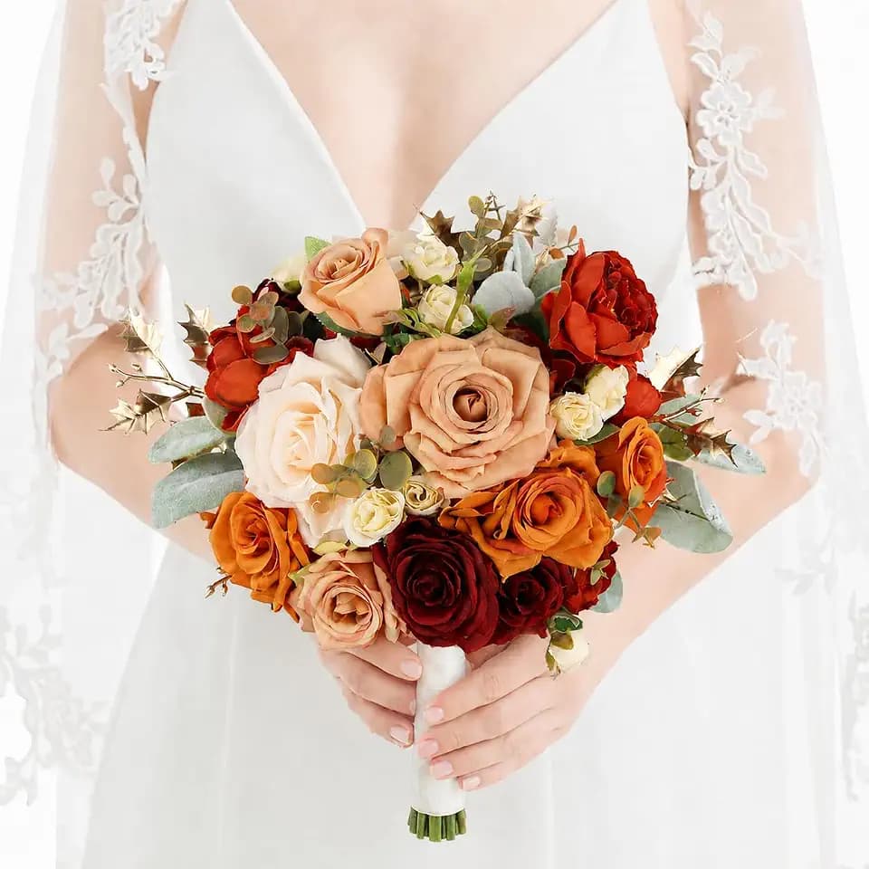 Rinlong 9" Fall Wedding Bouquet for Bride, Burnt Orange Bridal Bouquet