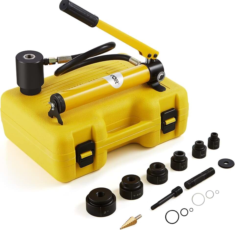 VEVOR 10 Ton Hydraulic Knockout Punch Kit, 1/2" to 2" Conduit Hole Cutter Set, KO Tool Kits W/Puncher 6 Piece, Metal Sheet Driver Tools, for Aluminum, Brass, Stainless Steel, Fiberglass and Plastic