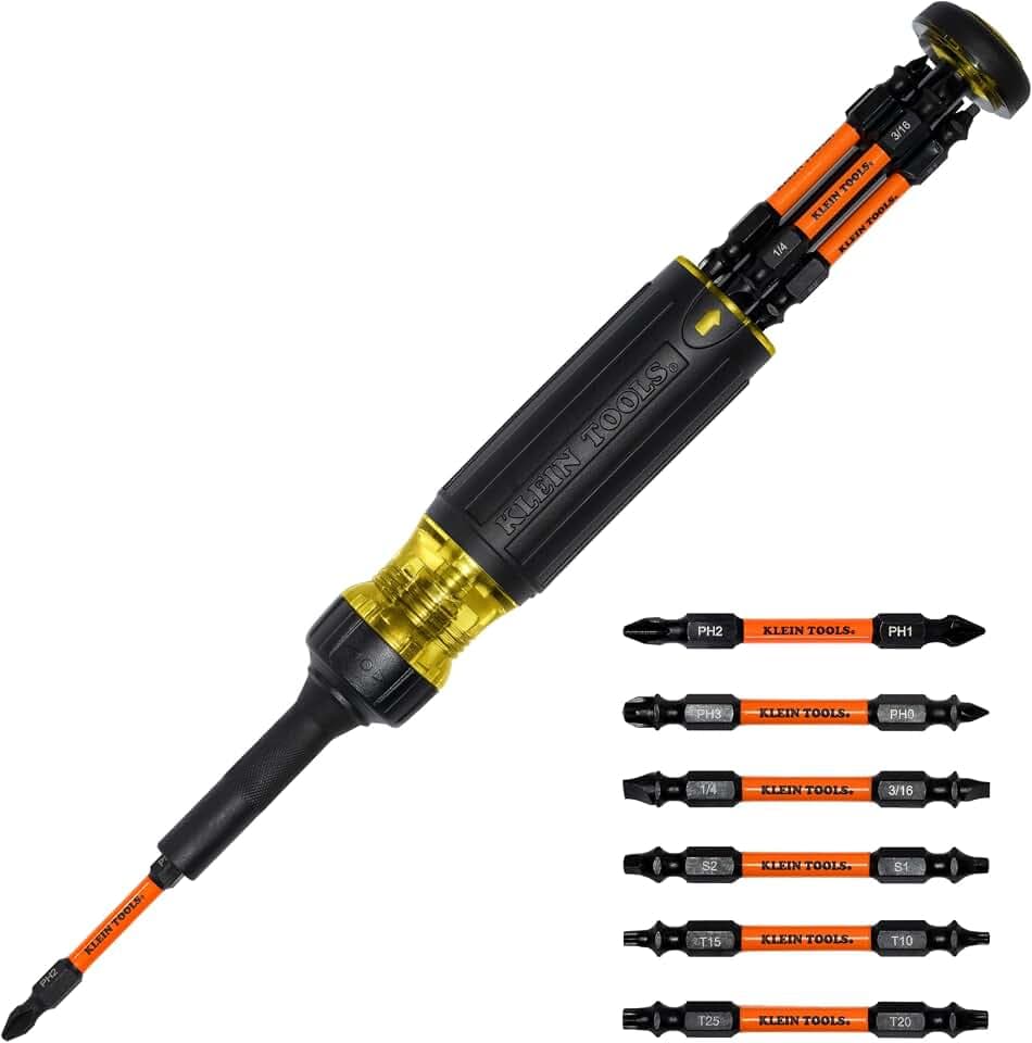 Klein Tools 32313HD 13-in-1 Multi-bit Ratcheting Screwdriver, Double-Ended Impact Bit Set, 12 Impact Driver Bits and 1/4-Inch Nut Driver