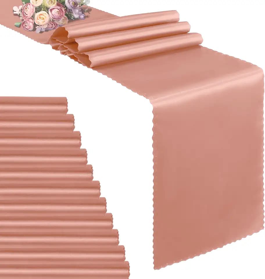 VACVELT Rose Gold Satin Table Runners, 12x72 Inch, 12 Pack, Scalloped Edge