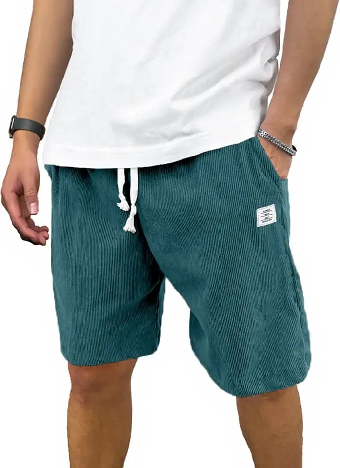 PLEPAN Mens Corduroy Shorts Casual Elastic Waist Drawstring Summer Beach Shorts