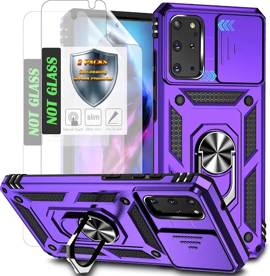 for S20+ Phone Case,Galaxy S20 Plus Case with 2 Pcs Self-Healing Film,Slide Camera Cover Protective Case with Magnetic Ring Kickstand for Galaxy S20+ Plus 5G,Lilac