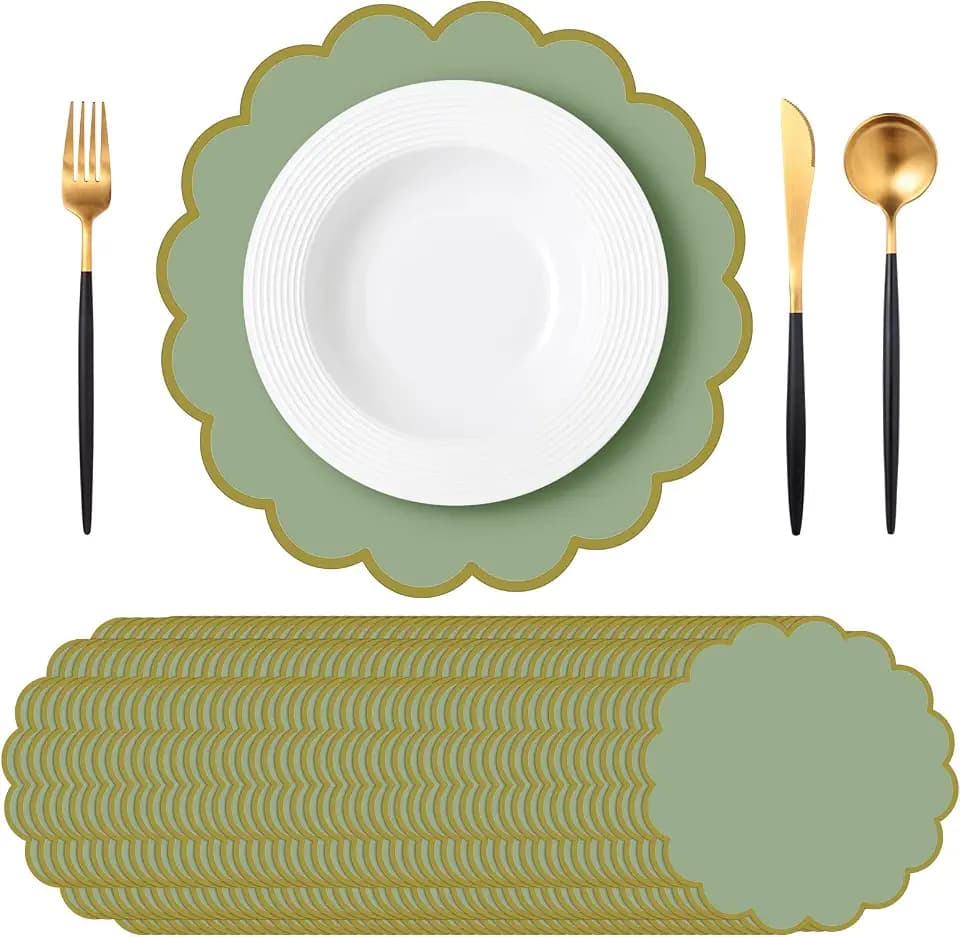 Tinlade 50 Pcs Paper Placemats, 13.5 Inch Disposable Scalloped Placemat, Decorative Round Table Place Mats for Birthday, Wedding, Bridal Shower, Baby Shower, Tea Party, Dining Tableware (Sage Green)