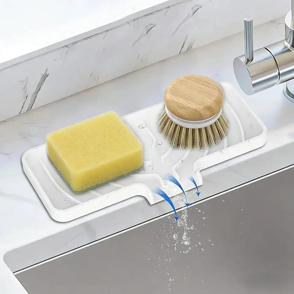 JACZZO Silicone Sponge Holder for Kitchen Sink With Drain Spout, Self Draining, Kitchen Soap Tray, Bathroom Organizer, Sink Caddy (White, 10" x 4")