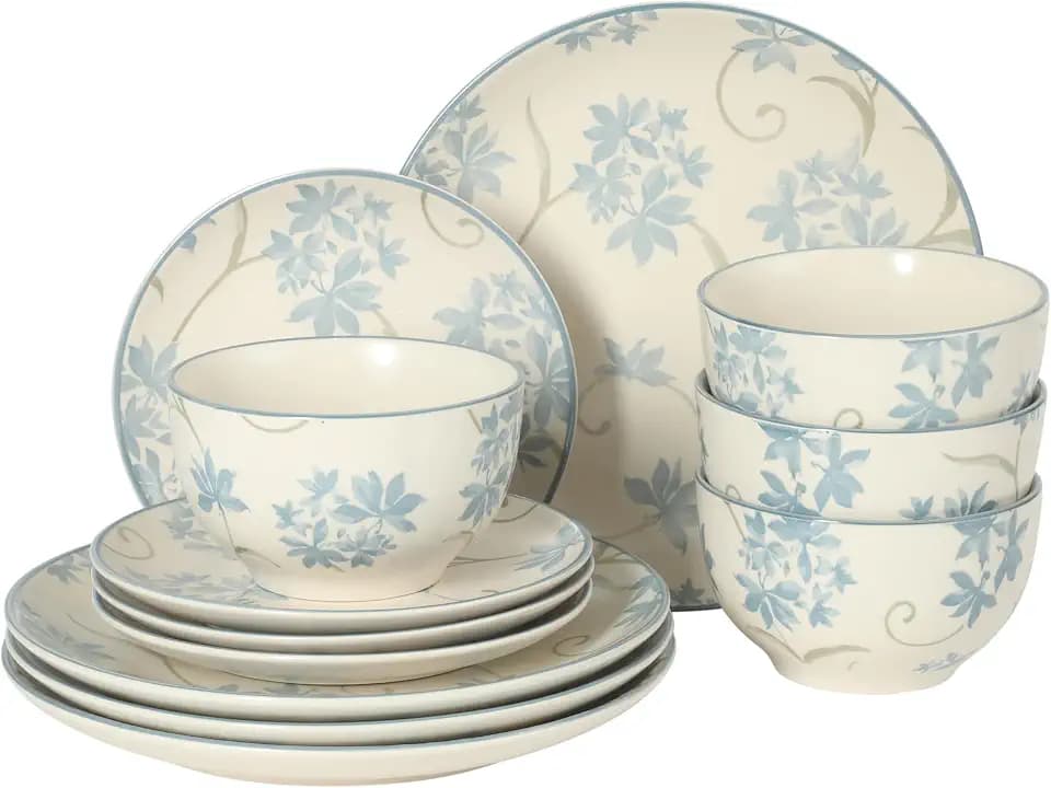 Gibson Home Admiral Hall 12-Piece Matte Stoneware Dinnerware Set – Dinner Plates, Salad Plates & Bowls with Blue Floral Pattern, Durable Everyday Dish Set, Microwave & Dishwasher Safe