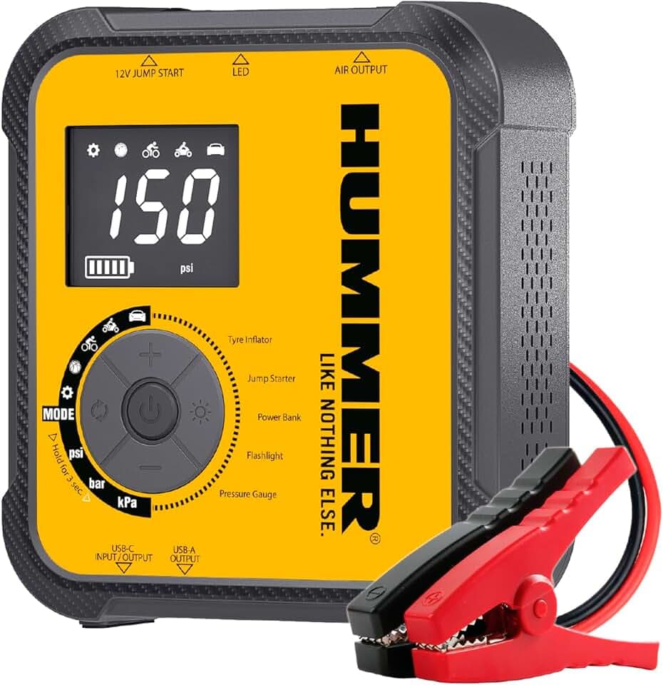 Hummer H10T Multifunktionaler Starter 10000 mAh mit 150-PSI-Kompressor, 2000-A-Starthilfe für 8,0-Liter-Benzinmotoren und 7,0-Liter-Dieselmotoren, kabelloser Luftkompressor, Powerbank USB-C