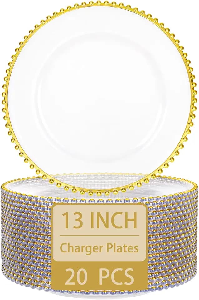 supernal 20Pcs 13" Clear Gold Beaded Rim Plastic Chargers for Dinner Plates