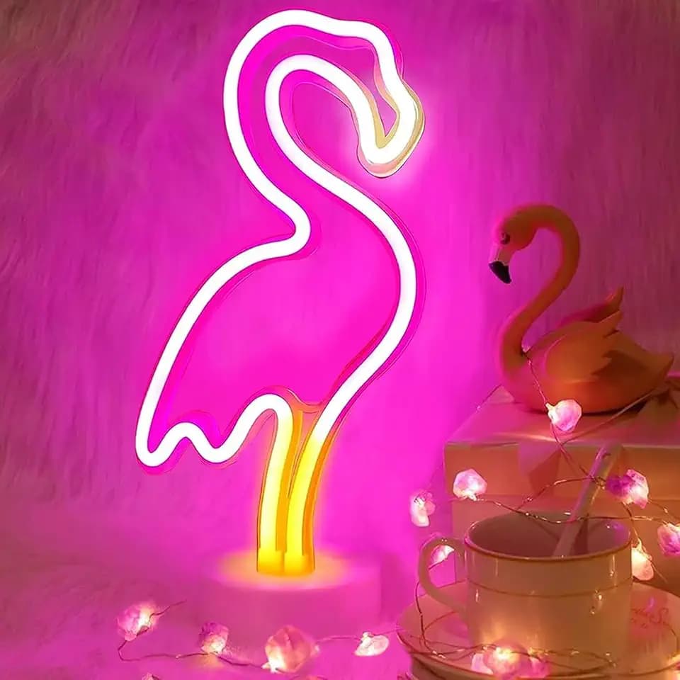 YSMNDE Flamingo Neon Sign with Pedestal, Pink LED Light for Girls Bedroom