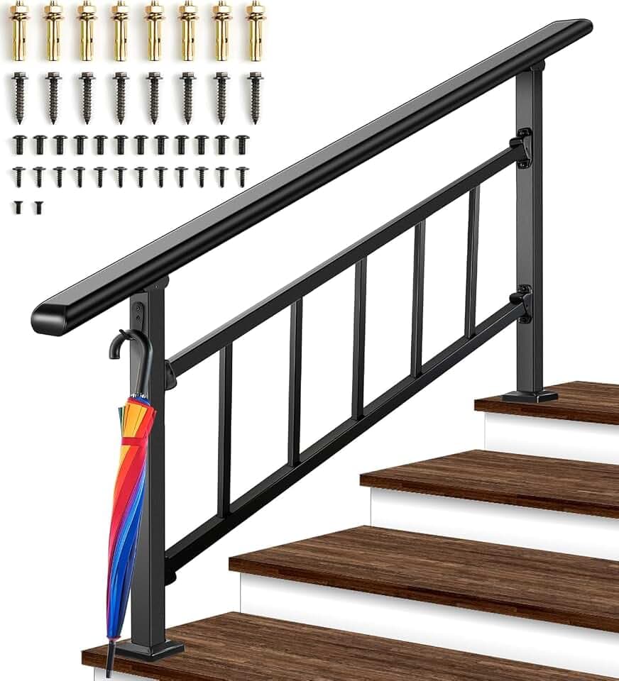 Updated Adjustable 4 Step Stair Handrails for Outdoor Steps, Versatile Stair Railings Transitional Exterior Handrails for Step with Hook and Installation Kit