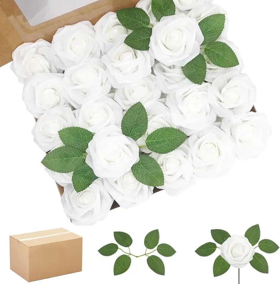 200PCS White Realistic Roses - Artificial Latex Foam Flowers with Bendable Stems & 100PCS Leaves for Wedding, Home and Party DIY Decor