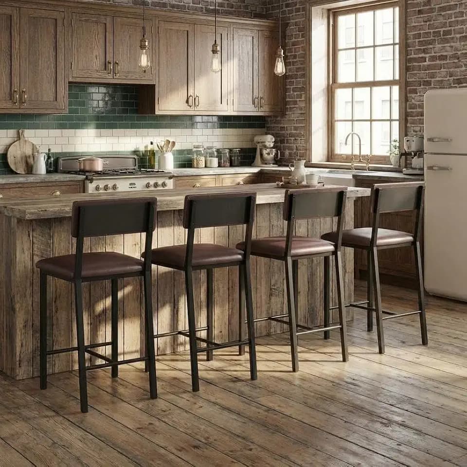 Garvee Bar Stools Set of 4 with Backrest and Footrest, 25 in Counter Height Bar Stools with Thick Cushion, Upholstered Kitchen Barstools for Dining Room, Bar, Retro Brown