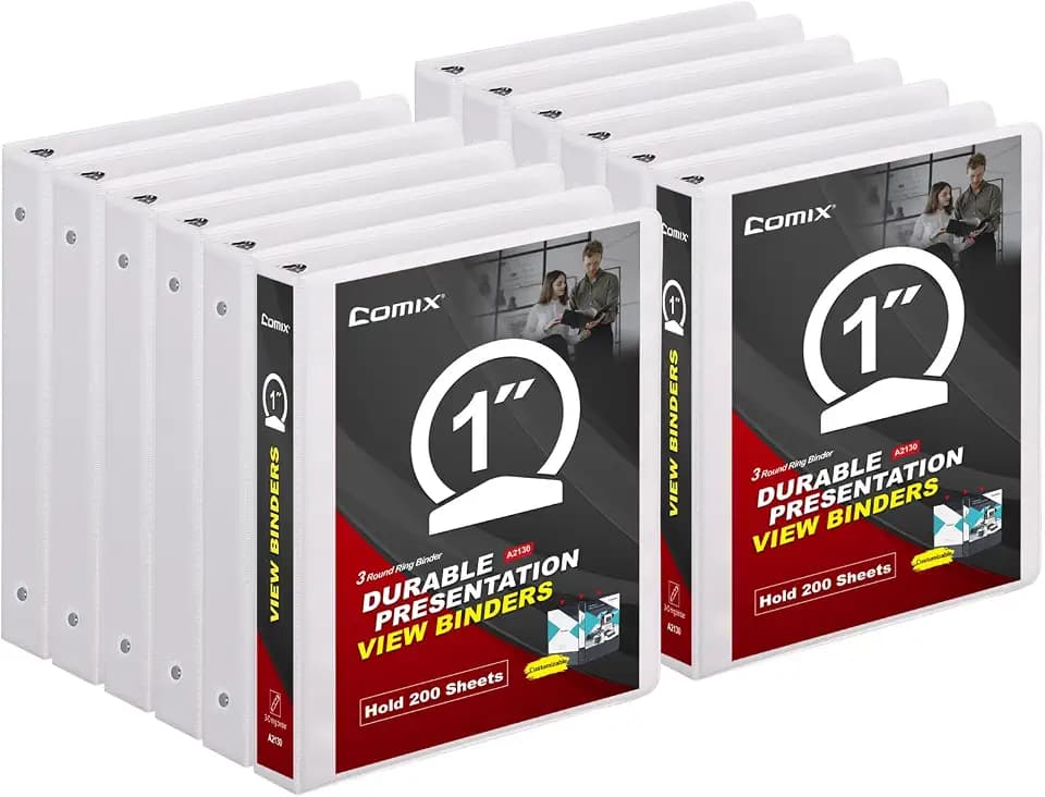 Comix Sturdy 3 Ring Binder 1 inch with Clear View Cover, 1" Round Ring View Binder, PVC-Free, 2.4mm-Thick, 200 Sheets Capacity of US Letter Size Paper, Office & School Supplies, Pack of 12 (White)