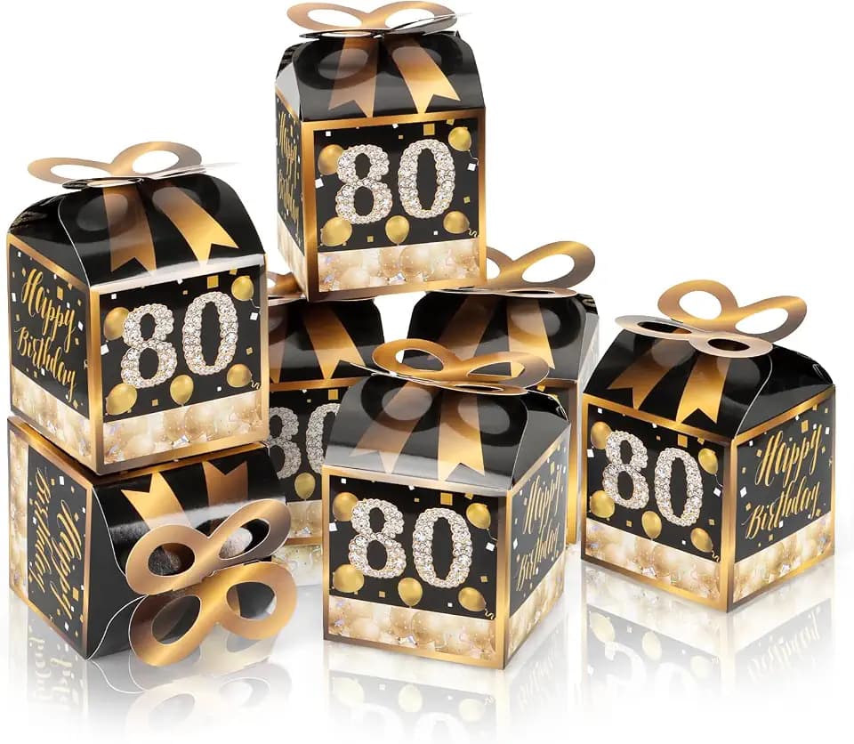 50PCS 80th Birthday Favor Boxes Bulk,Black Gold Candy Boxes for Party Guest