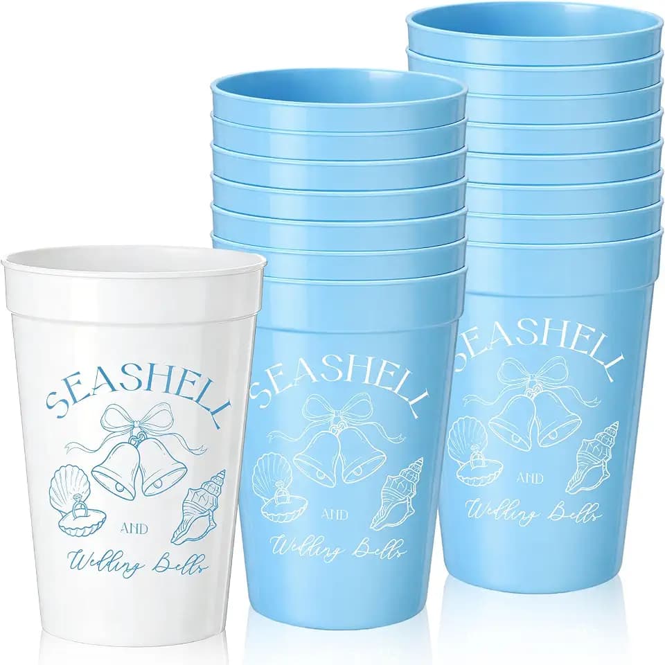 Yungyan 20 Pcs Bachelorette Cups 12 Oz Plastic Bridal,Seashell Bell,Blue