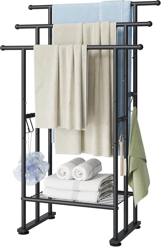 ELYKEN 3 Tier Freestanding Towel Rack with Shelf, 40" H Towel Stand, Black