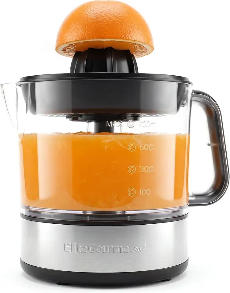 Elite Gourmet Electric Citrus Juicer, Compact, 24 oz, Black/Stainless Steel