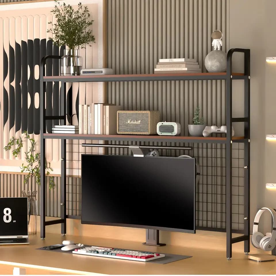 FAHKNS Desktop Bookshelf - 2-Tier Desk Book Organizer,Multifunctional Metal Desktop Bookshelf with 3 Hooks & DIY Storage Mesh for Office/Game Room/Study/Powder Room - Black