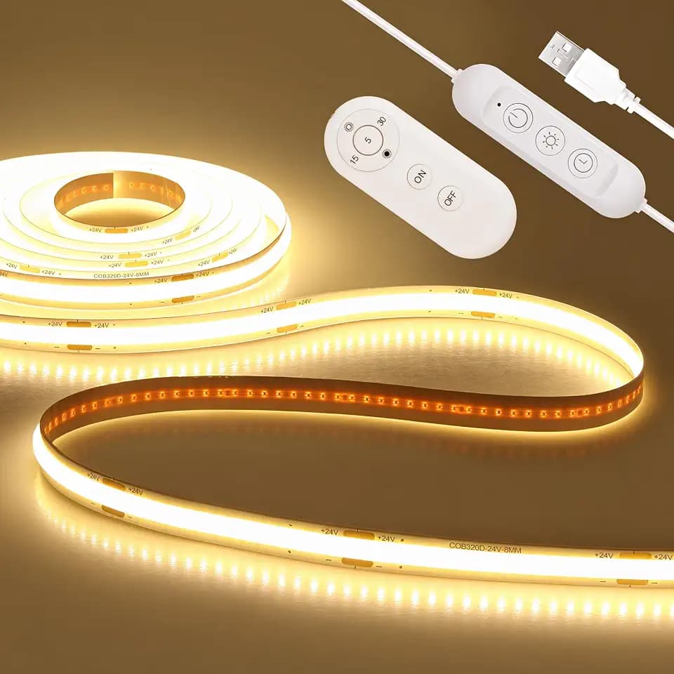 ALITOVE USB LED Light Strip 5V 6.56FT 3000K Warm White COB LED Strip Lights with Remote Lights Dotless Super Bright Dimmable Flexible for TV Backlight Bedroom Under Cabinet Kitchen Shelf Lighting