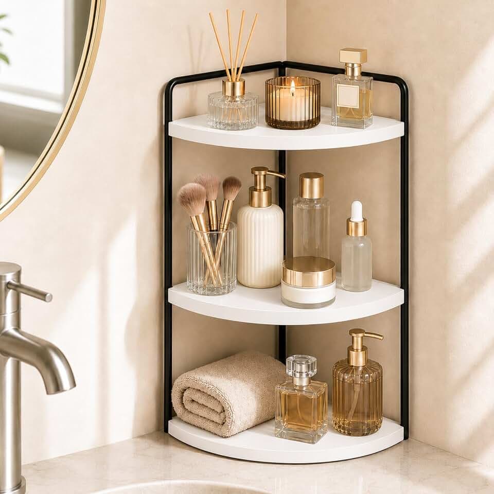 3-Tier Corner Bathroom Counter Organizer, Solid Pine Vanity Shelf, White