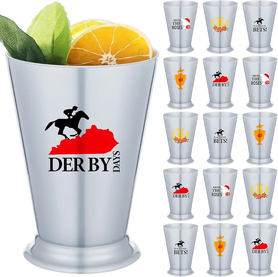 Qinyoung 20 Pcs Derby Plastic Mint Julep Cups Horse Racing Themed Mint Julep Shot Glasses, Reusable Cocktail Cups for Derby Party Decorations, Whiskey, Cocktails