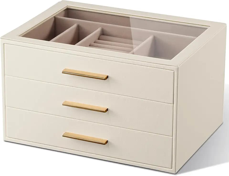 Jewelry Box Organizer Storage Case, 3-Layer with Glass Window, White
