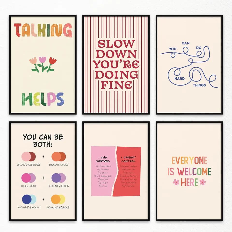 6pcs Mental Health Canvas Wall Art, You Can Do Hard Things Positive Affirmations Poster, Everyone Is Welcome Here Encouraging Print, Circle of Control Therapy Office Wall Decor 12x16in Unframed