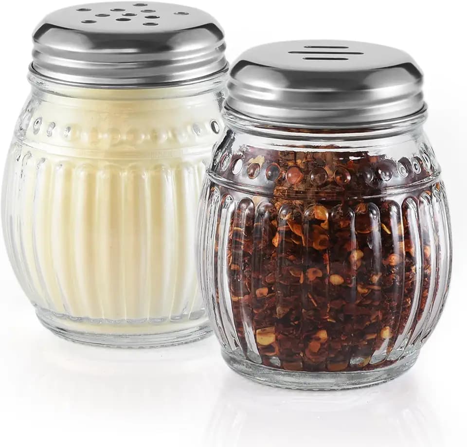 Cheese and Pepper Shakers Set of 2, 6oz Glass Spice Shakers with Perforated and Slotted Top (Clear)
