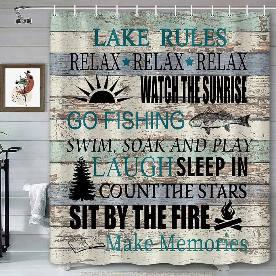 Rustic Lake Rules Shower Curtain for Bathroom, Lake Life Lodge Cabin Farmhouse Relax Quotes Vintage Country Wooden Plank Bathroom Decor Sets Camper RV Waterproof Bath Curtain with Hooks