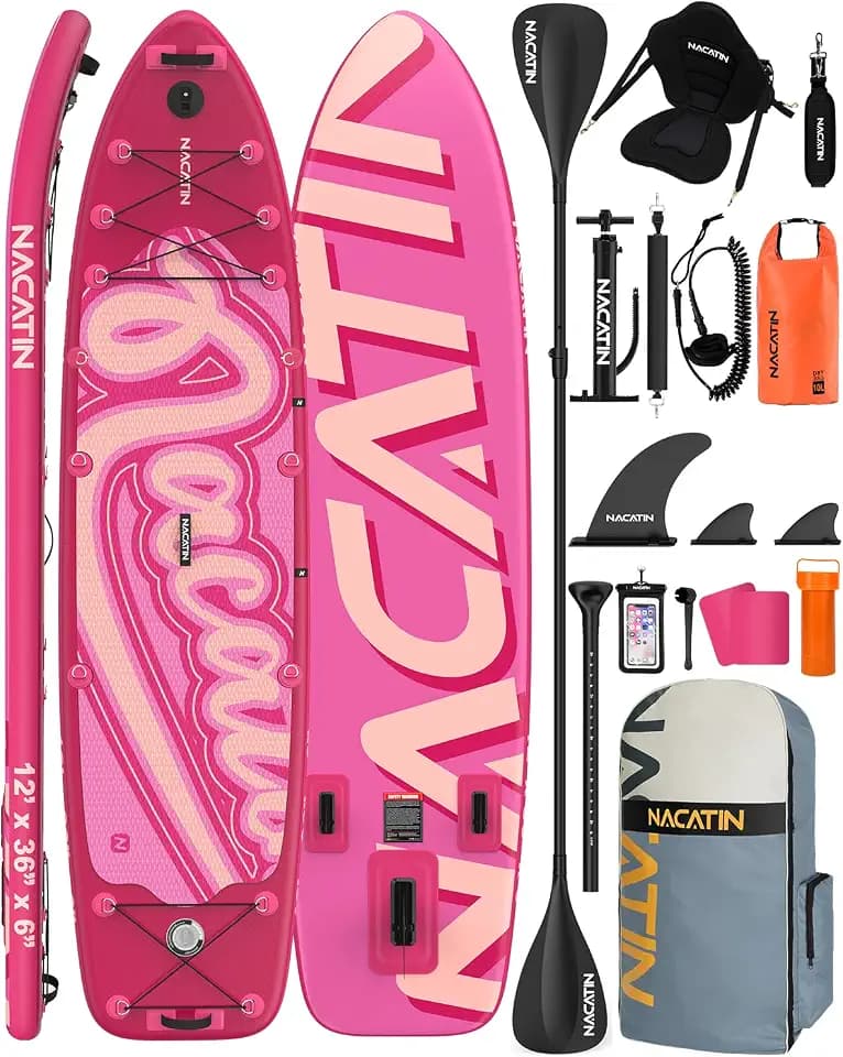 NACATIN 12' Extra Large Inflatable Stand Up Paddle Board with Seat, Wide 36" SUP Board for Adults & Family, with Single/Double Paddle, Kayak Seat, Pump, Stable Wide Platform for Beginners, Lake,River