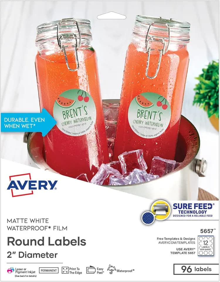 Avery Durable Waterproof Labels, Sure Feed Technology, 2" Diameter, Matte White, Laser/Pigment-Inkjet Printable, 96 Blank Labels, Great for Food Containers, Product Merchandising, and More (5657)