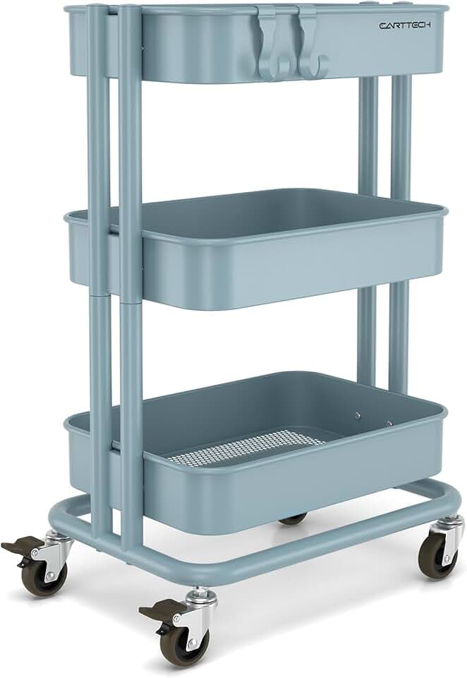 3 Tier Rolling Cart Metal Utility Cart with Lockable Wheels Home Office