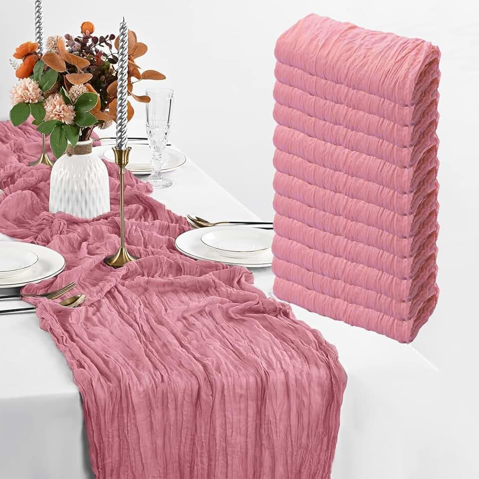 12 Pack Dusty Rose Table Runner, 35x120 Inch Pink Cheesecloth Table Runner with Wrinkle 10ft Long Boho Rustic Gauze Sheer Cheese Cloth for Wedding Party Bridal Baby Shower Table Decor
