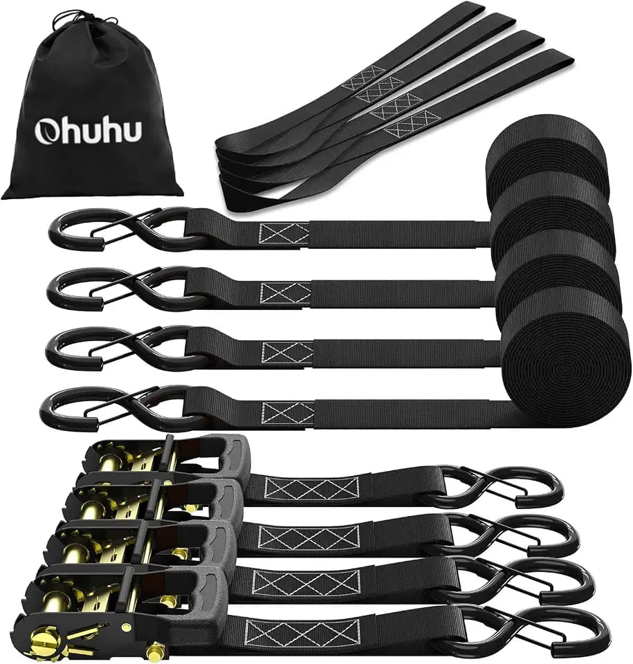 Ohuhu Spanngurte mit Ratsche und Haken 4 Stück - 4 cm x 4,6 m 1500 kg Bruchlast, Ratschen Set - Ratschengurt 2-Teilig - Zurrgurte Schwarz mit Sicherheits-S-Haken für LKW, Ladung, Umzüge, Geräte