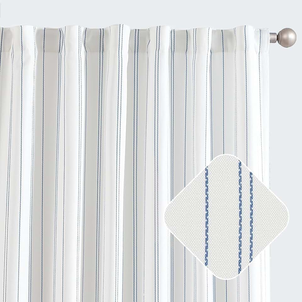 jinchan White Curtains 63 Inch Blue Striped Drapes Back Tab 2 Panels Set