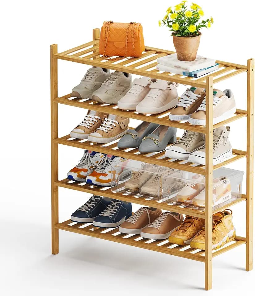 BMOSU 5-Tier Bamboo Shoe Rack Premium Stackable Shoe Shelf Storage Organizer for Hallway Closet Living Room Entryway Organizer (Natural Bamboo)