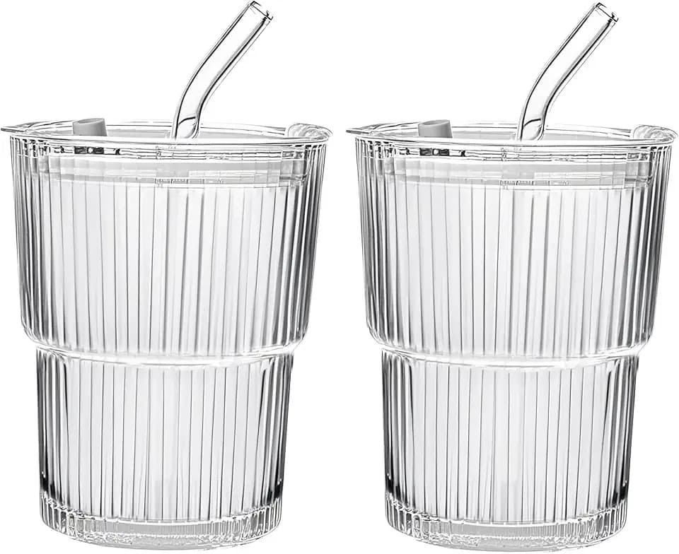 13oz/400ML Glass Tumbler with Straw and Lid Ribbed Vertical Ice Coffee Cups Sealed Carry on for Coffee Iced Tea, Thick Wall Glassware Tumbler Water Glass