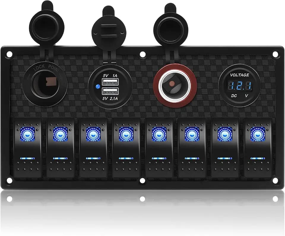 Geloo Marine Boat 8 Gang Schalter Panel Wasserdicht Toggle Rocker Zündschalter mit Voltmeter Display 3.1A Double USB Ladegerät Zigarettenanzünder für Auto Wohnmobil LKW Yacht