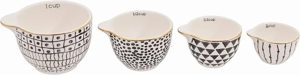 Creative Co-Op Black & White Stoneware Measuring Cups with Gold Electroplating (Set of 4 Sizes)