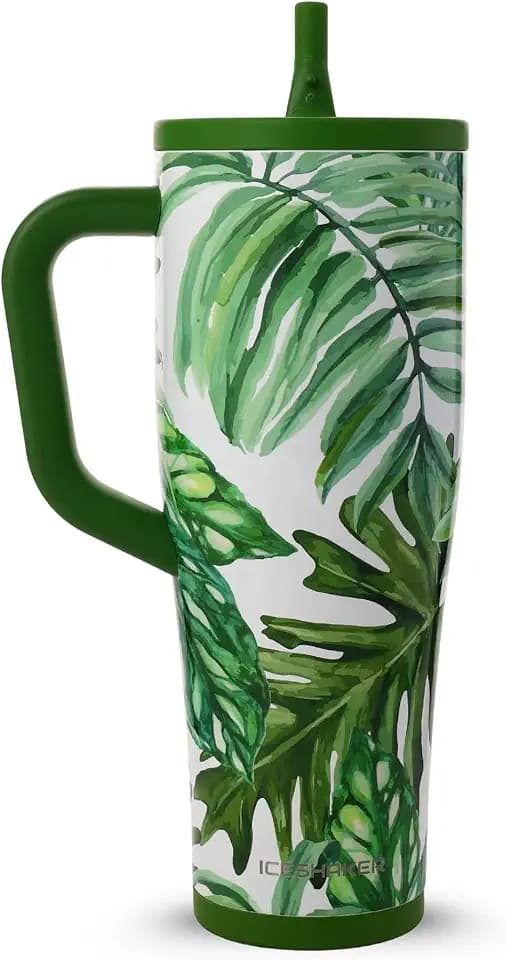 Ice Shaker 40 oz Tumbler with Handle and Straw | 40oz Palm Trees| Cold for 30+ Hours | 2-in-1 Tumbler Shaker Bottle | Odor-Free 40 ounce Bottle for Water, Protein Shakes, Smoothies, Cocktails
