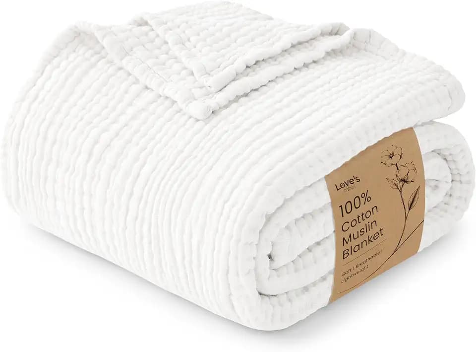 Love's cabin 100% Cotton Muslin Blanket, 6 Layer Lightweight Breathable Gauze Twin Size Blanket 60 x 80 Inches, Soft Summer Blanket for Bed or Couch, White