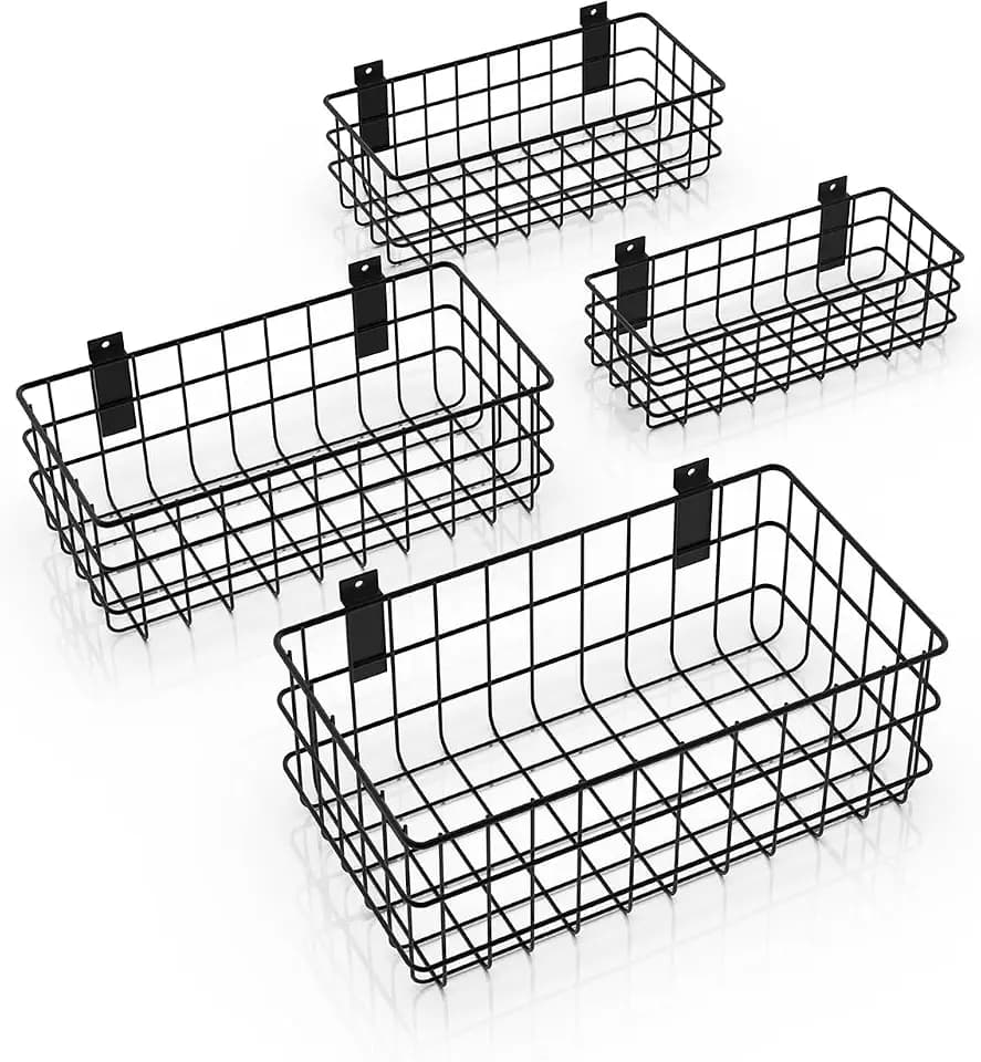 AZUNO 4 Pack Slatwall Baskets Set, Heavy Duty Metal Slat Wall Accessories Wire Baskets, Hanging Storage Organizer for Garage, Shop, Retail Display, Fits Standard Slatwall Panels