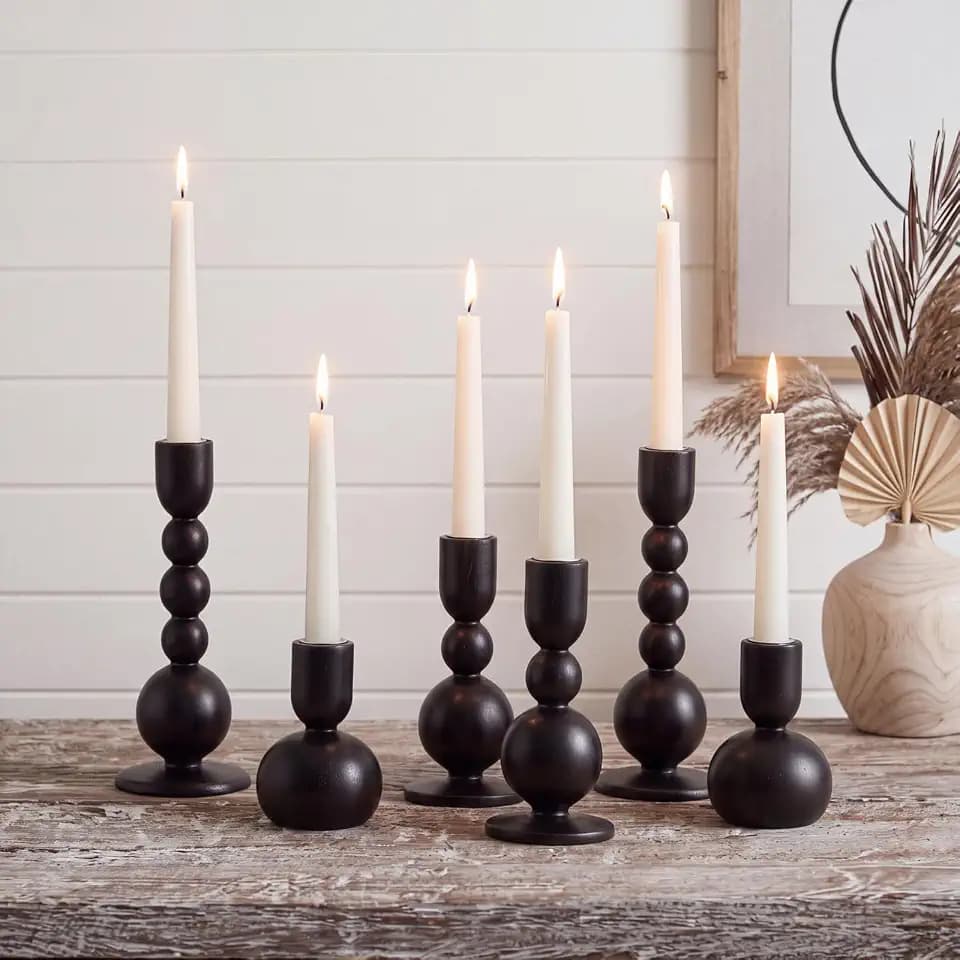 Mumufy 6 Pcs Wooden Candle Holders, Wood Taper Candlestick Holders Vintage Rustic Farmhouse Mid Century Candle Stand Set for Table Centerpiece, Wedding, Dining Table, Mantel and Home Decor (Black)