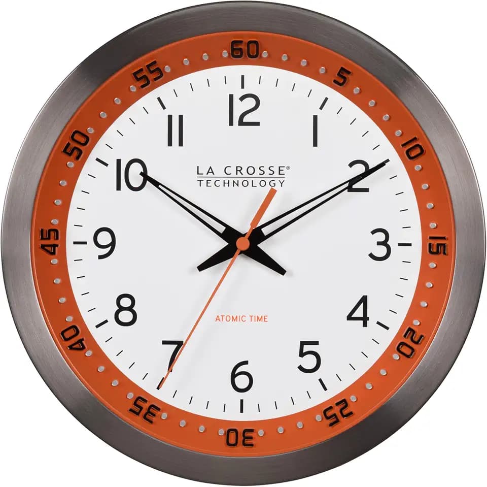 La Crosse Technology 404-87696-INT 10 inch Orange Chapter Ring Stainless Steel Atomic Analog Wall Clock