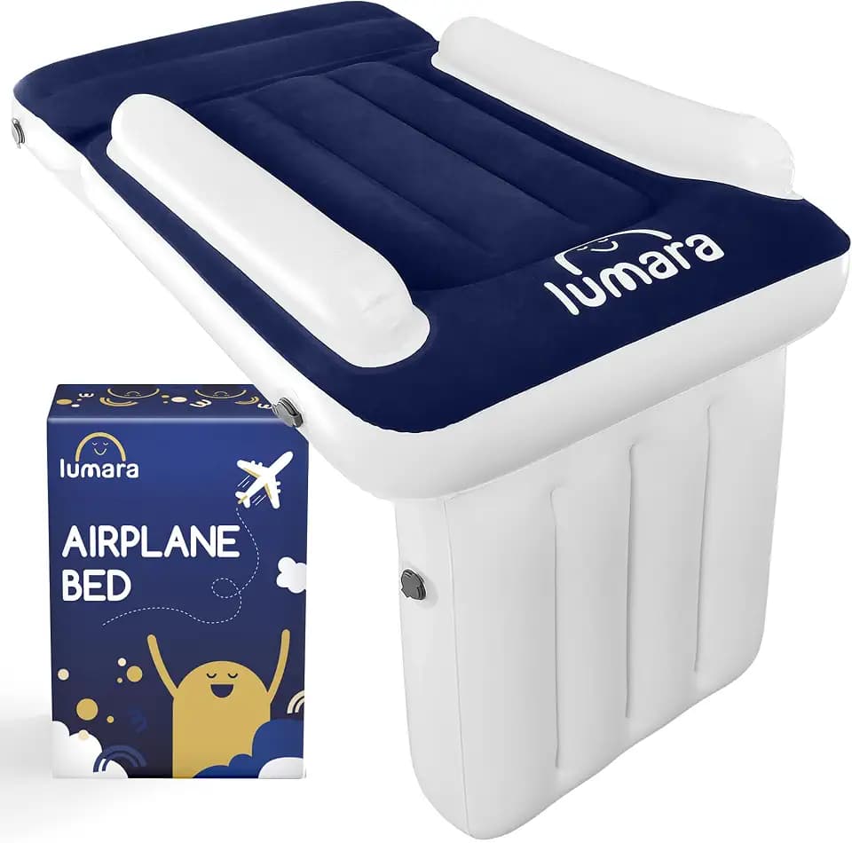 LUMARA Toddler Airplane Bed - Inflatable Airplane Bed for Toddlers, Plane Baby Mattress for Kids - Blow Up Air Mattress for Child Flight Sleep with Safety Belt, Innovative Valves, No Pump Needed