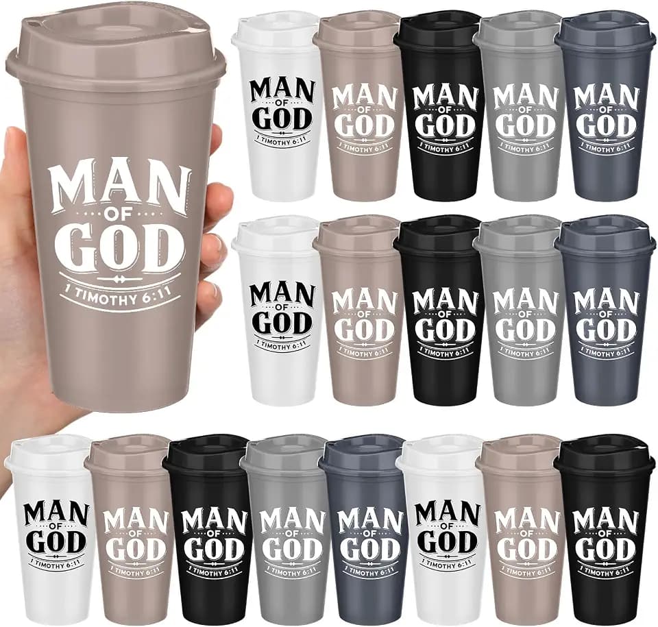 Skylety 20 Pcs Father's Day Christian Gift Set Man of God Gift for Men 16 oz Reusable Plastic Coffee Cup with Lid Bulk Inspirational Tumbler Bible Verse Coffee Mug Religious Gifts (Classic Color)
