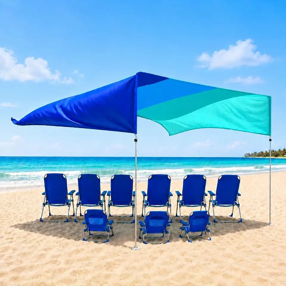 Beach Shade Canopy – No Ropes, No Sandbags, Quiet in Wind, 14x14 ft Wind-Propelled® Beach Shade Sail, UPF 50+, Grande for 10+ People