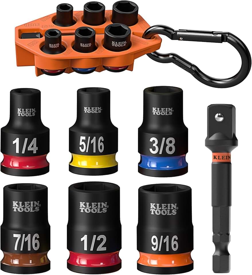 Klein Tools 33808 Grab-And-Go Impact Socket Set, SAE, 7-Piece Set with Sleeve, Carabiner, and 3/8-Inch Drive, Color-Coded 1/4, 5/16, 3/8, 7/16, 1/2, and 9/16-Inch Sockets