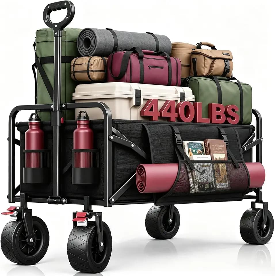 200L Collapsible Wagon Carts Foldable, Heavy Duty Beach Wagon with 7.48" All-Terrain Wheels, Portable Folding Utility Carts with Side Pocket for Beach, Camping, Groceries, Garden & Sports