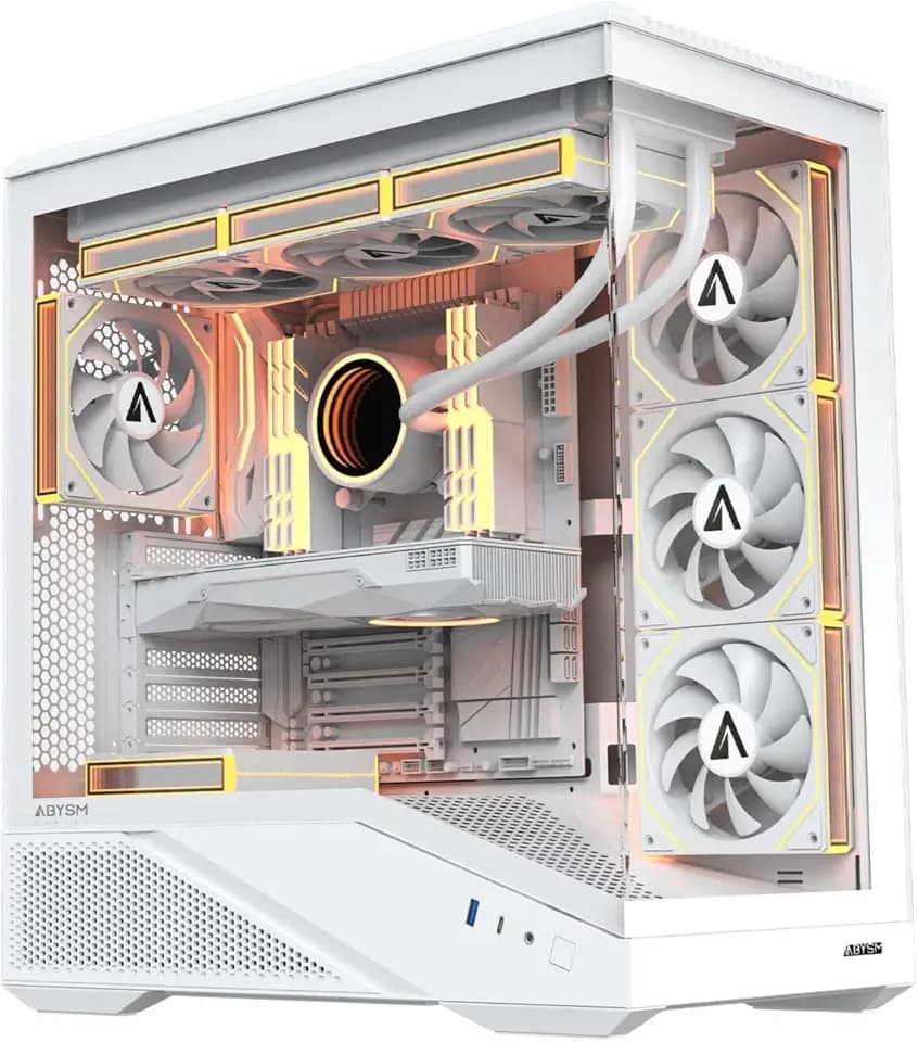 Abysm Gaming Arian Frame A400 ATX Gaming-Tower mit geneigtem Gehäuse, 4 ARGB PWM-Ventilatoren, gehärtetes Glas, GPU-Unterstützung 420 mm, USB Type-C, Flüssigkühlung 360 mm, Weiß