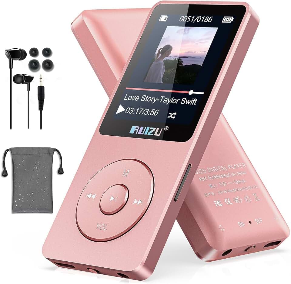 RUIZU 32GB MP3 Player mit Bluetooth 5.3, Leichter tragbarer Musikplayer mit Tastensteuerung, 1,8 Zoll Bildschirm, Bis zu 80 Std. Wiedergabe, FM Radio, Sprachaufnahme, Erweiterbar bis 128GB